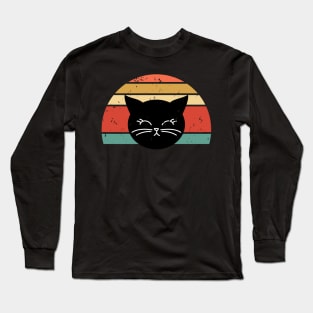 Retro sunset Cute Black Cat face Long Sleeve T-Shirt